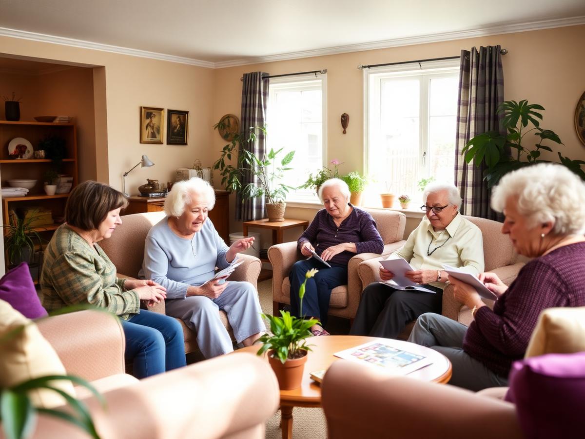 Bright, homey common room where residents gather