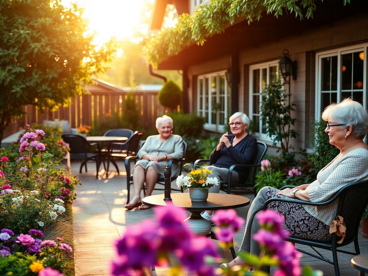 Peaceful garden patio with flowers and seating